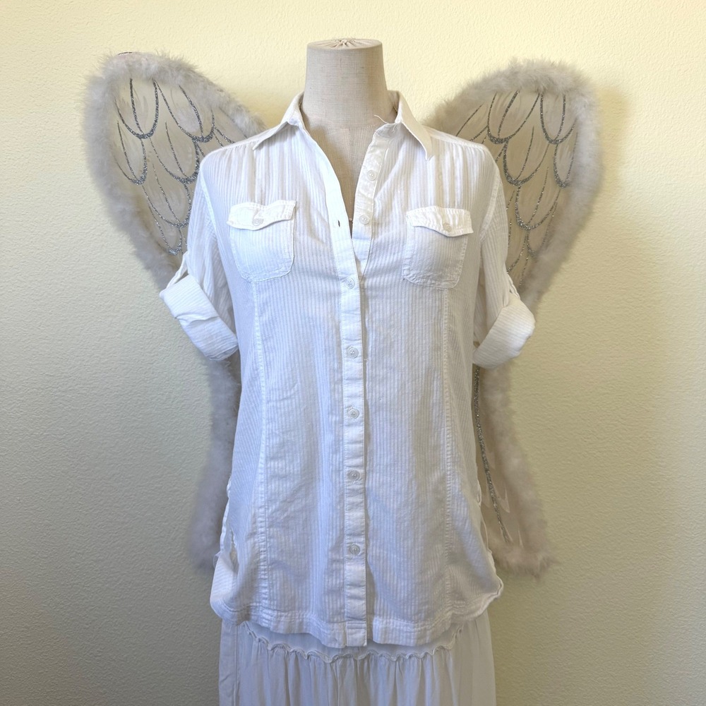 Cottagecore Girly Grunge White Striped Button Up‎ Shirt Roll Tab Cute Y2K 2000s